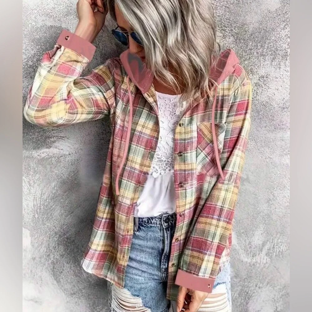 Classic Plaid Checkered Hoodie Button Down Up Shirt Top - Picture 2 of 7